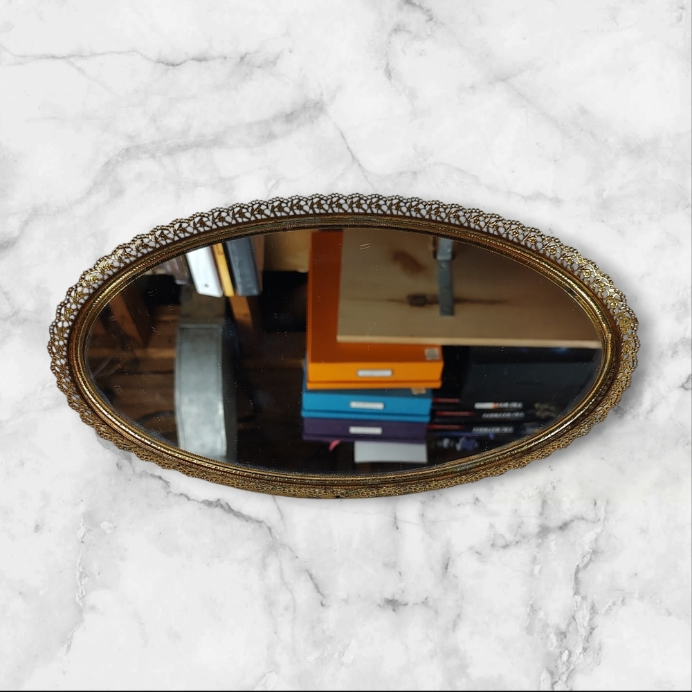 1920s Gold Filigree Vanity Mirror Tray 7.5" x 12" Hollywood Regency